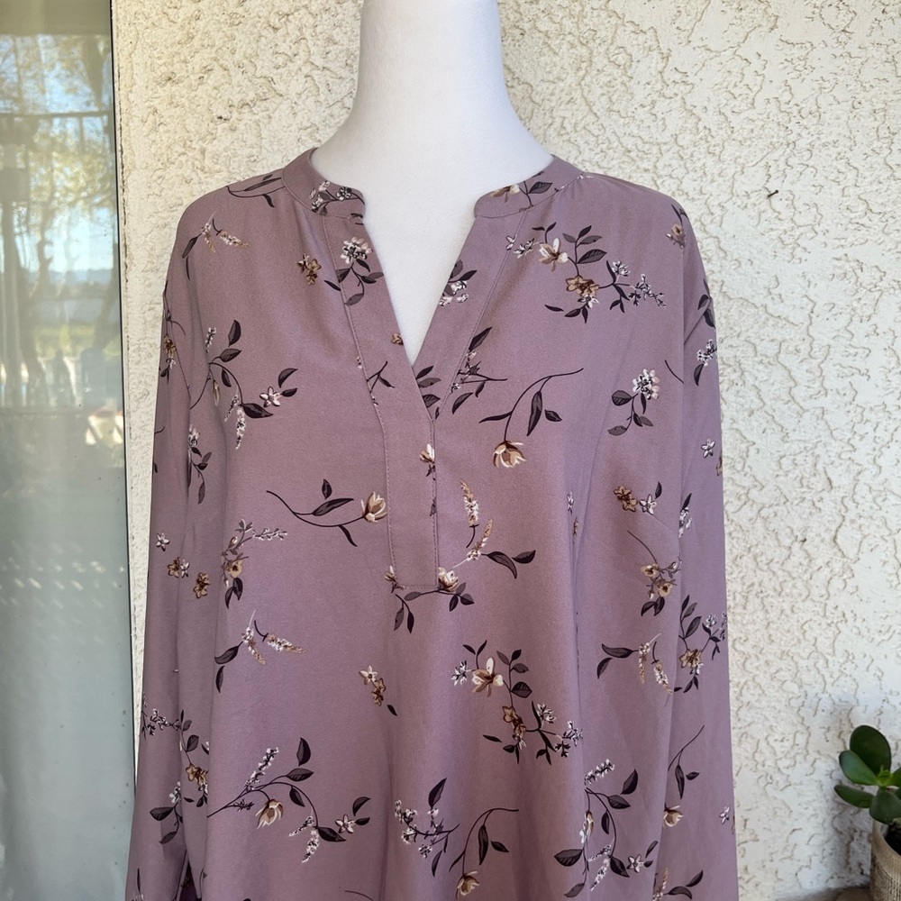 Hilary Radley Mauve Floral Split-Neck Blouse
